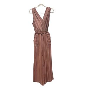 Monteau Pink Striped Jumpsuit L Sleeveless Wide Leg Belted Boho